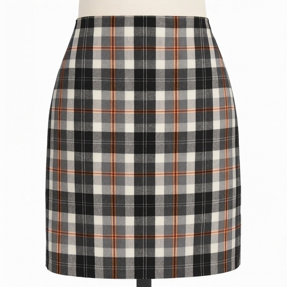 JG Hook 8P‎ Wool Plaid Skirt Black Gray Orange Check Classic Preppy Fall Style